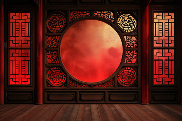 Chinese wooden screen door on a red wall background