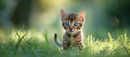 A cute and curious week old Bengal kitten is captured walking through the grass during summertime.