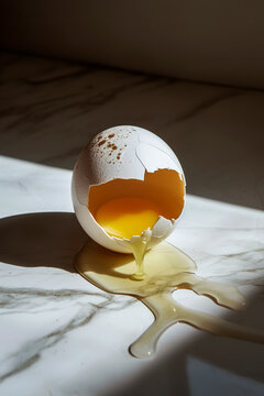 Broken egg with yolk spilling on marble surface Generative AI image