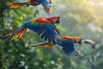 A group of colorful macaws flying over a lush rainforest canopy, vivid colors against the green backdrop