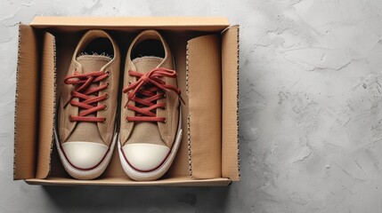 A pair of casual shoes in an open cardboard box. 