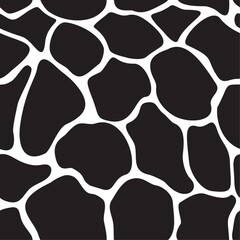 Hand-drawn organic black spots arranged in animal skin pattern. Vector seamless pattern with irregular spots in black over white. Creative art texture for printing or usage in graphic design projects.