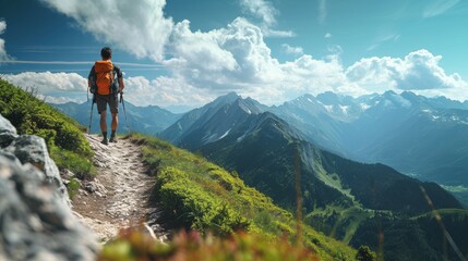 Obraz premium Man With Backpack Walking Up a Hill