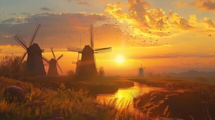 Windmills in a rural area during sunset