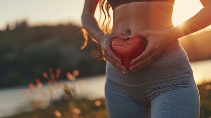Woman, stomach and hand with heart in outdoor for exercise, diet, fitness and closeup. Female tummy, gut health and self love for wellness and training in the summer for healthy workout outside. - obrazy, fototapety, plakaty