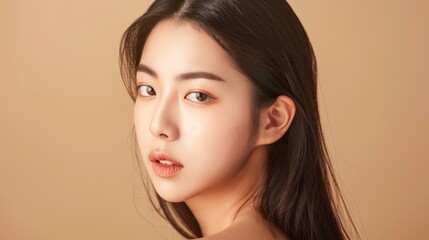 Fototapeta premium Young Asian beauty woman model long hair with korean makeup style on face and perfect skin on isolated beige background. Facial treatment, Cosmetology,