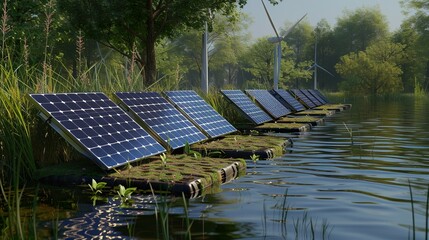 Solar panels installed on the water's surface, such as lakes, reservoirs, or ponds, supported by floating platforms as innovative technology 