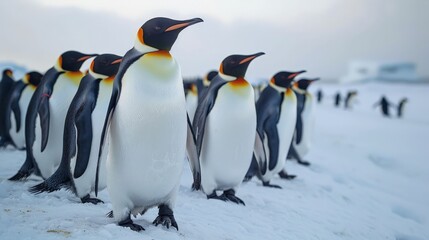 Fototapeta premium A group of penguins on a snowy Antarctic shore, with a crisp, clear sky in the background, capturing the essence of arctic wildlife