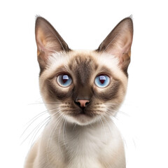 front view close up of a Colorpoint Shorthair cat face isolated on a white transparent background 