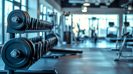 A sleek, contemporary gym setting highlighted by rows of dumbbells in the foreground and fitness equipment in the softly lit background.