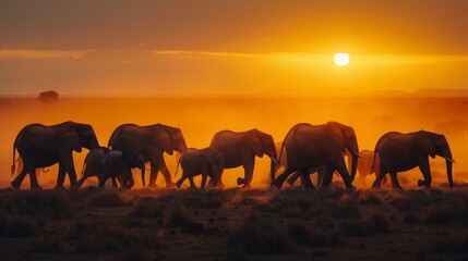 Fototapeta premium A herd of elephants walking through the dusty plains of Africa at sunset, creating a striking silhouette against the glowing horizon