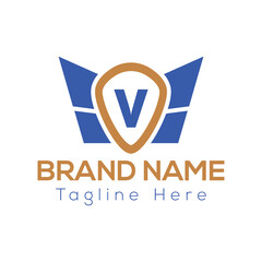 Wing Logo On Letter V Template. Wing On V Letter, Initial Wing Sign Concept Template	