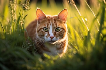 A majestic malayan cat with vibrant orange fur prowls through a lush field of green grass, its whiskers twitching in the breeze as it embraces its wild instincts