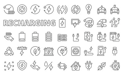 Recharging icons in line design. Recharging, battery, icon, charger, power, energy, electric, plug, adapter, station, isolated on white background vector. Recharging editable stroke icons.