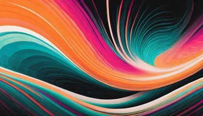 Vibrant VHS style orange pink teal white psychedelic grainy gradient color flow wave on black background, music cover dance party poster design. Retro Colors from the 1970s 1980s, 70s, 80s, 90s style