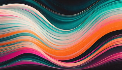 Vibrant VHS style orange pink teal white psychedelic grainy gradient color flow wave on black background, music cover dance party poster design. Retro Colors from the 1970s 1980s, 70s, 80s, 90s style