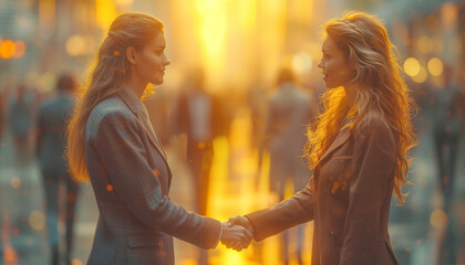 Two businesswomen making a handshake together, shaking hands, business deals and congratulate each other in sunset view on the background in crowd - obrazy, fototapety, plakaty