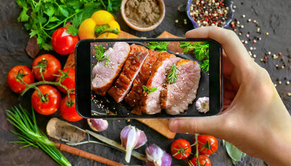 A blogger takes a photo on a smartphone for social networks.Food photo of baked pork with fresh vegetables. Mobile phone photo of baked meat.Top view. - obrazy, fototapety, plakaty