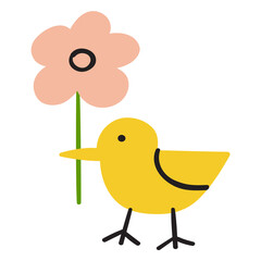 Cute little bird with flower. Hand drawn vector illustration. Flat design on white background.
