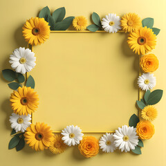 Fototapeta premium 3D Aesthetic Flower Frame Template Isolated on Yellow Background. Stylish Floral Backdrop for Valentine, E-commerce, Beauty Product Greeting Card.