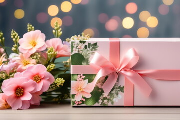 Gift Box Surrounded by Flowers and Bokeh