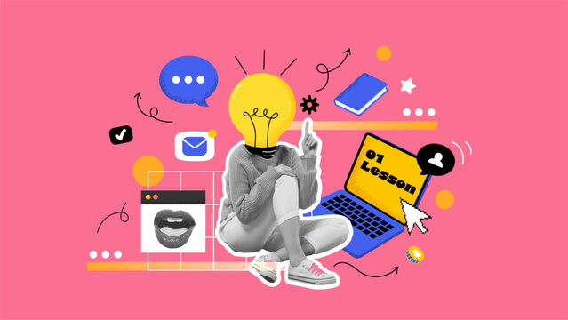 Composite collage of intelligent smart girl black white colors sitting use wireless netbook painted light bulb bright mind concept. Online Education creative collage concept. Vector illustration