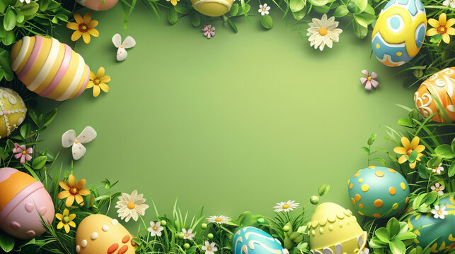 Easter border frame with copy space in center. Colored easter eggs decorations. Colorful decorated easter eggs on green background. Generative AI