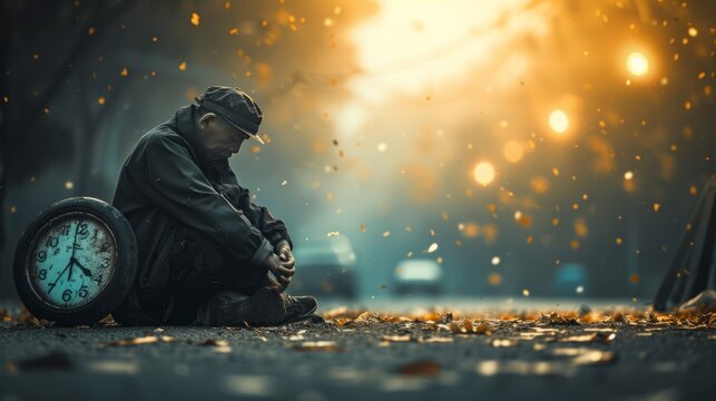 A lonely man sitting on the street with big clocks nearby. A man losing time concept with feelings of stress, urgency, or regret.