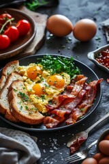 A mouthwatering classic breakfast meal featuring fried eggs, crispy bacon strips and toasted slices of bread, on a dark background - 740011505