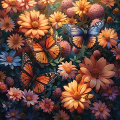 Türaufkleber Beautiful monarch butterflies resting on a bed of flowers, representing transformation. © Nico