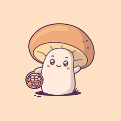 Kawaii Penny Bun mascot character picking mushrooms vector cartoon illustration