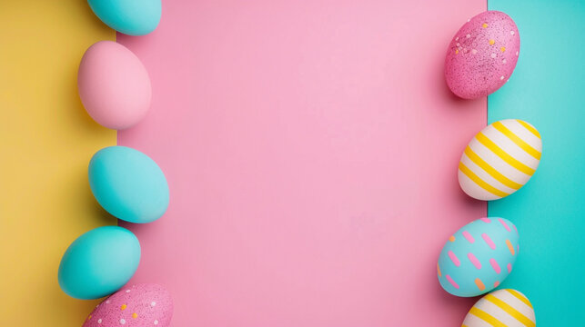 Easter border frame with copy space in center. Colored easter eggs decorations. Colorful Easter eggs with various patterns on a pink background. Generative AI