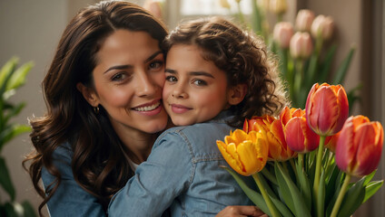 Glückliche Mutter und Tochter mit Tulpenstrauß feiern Muttertag - obrazy, fototapety, plakaty