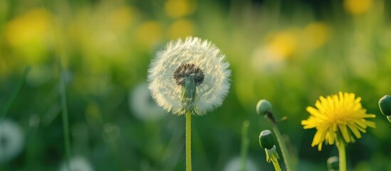 A taraxacum officinale plant, commonly known as a dandelion, stands prominently in the center of a...