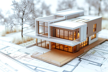 An illustration showcases a modern architectural residential model in a 3D rendering, emphasizing the architectural design concept. Laminated plans are scattered beneath, illuminated by natural light,