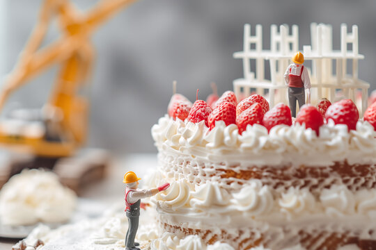 Miniature construction workers decorating a large strawberry cake