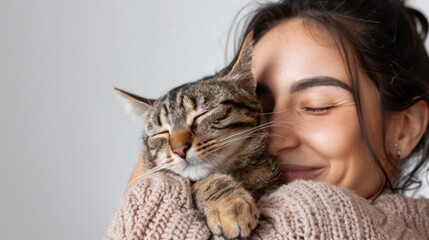 Young woman embracing cat, showcasing bond between pets and their owners