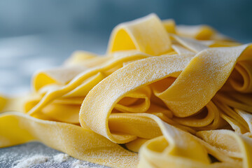 A close-up captures wide, silky pappardelle pasta in a minimalist composition, exuding elegance against a neutral gray backdrop, enhancing the culinary experience.