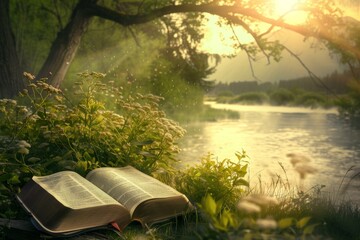 Imagining a serene landscape with a bible as its centerpiece