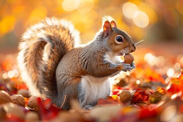 A squirrel nibbling on a nut amidst a carpet of autumn leaves, with soft sunlight