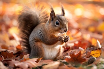 Obraz premium A squirrel nibbling on a nut amidst a carpet of autumn leaves, with soft sunlight
