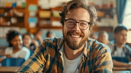 Obraz premium Teacher Sitting at Desk in Classroom