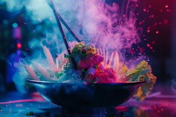 Explore the futuristic fusion of plant based ingredients in a cyberpunk dish