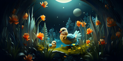 Colorful illustration of Paradise garden full of flowers and  2 birds sitting there. Beautiful Background