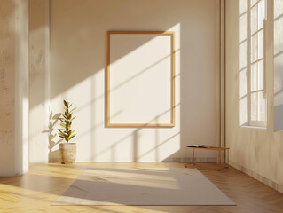 3d render of a blank poster frame in a minimalist sunlit yoga studio