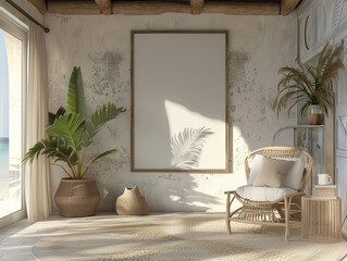 3d render of a blank poster frame in a tranquil beach themed room