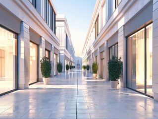 3d render of a clean modernist pedestrian area in a minimalist shopping district