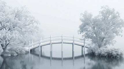 3d render of a clean white pedestrian bridge over a calm river