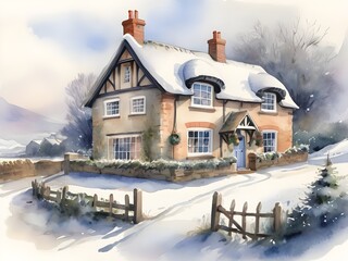 Cozy Country Christmas: Watercolor Illustration of a British Cottage in Winter