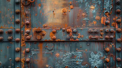 Industrial textures in an old factory, Close-up of a weathered, rusty metal door featuring rivets...